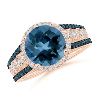 9mm AAA Round London Blue Topaz Halo Regal Ring with Diamond Accents in Rose Gold