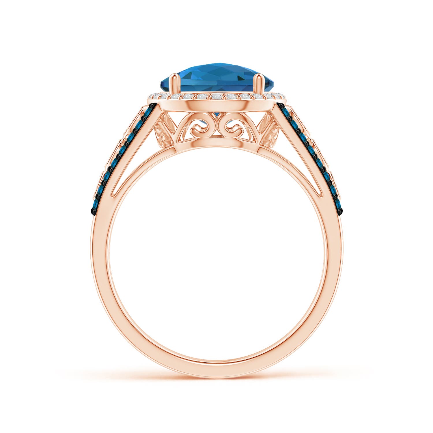9mm AAA Round London Blue Topaz Halo Regal Ring with Diamond Accents in Rose Gold - side 1