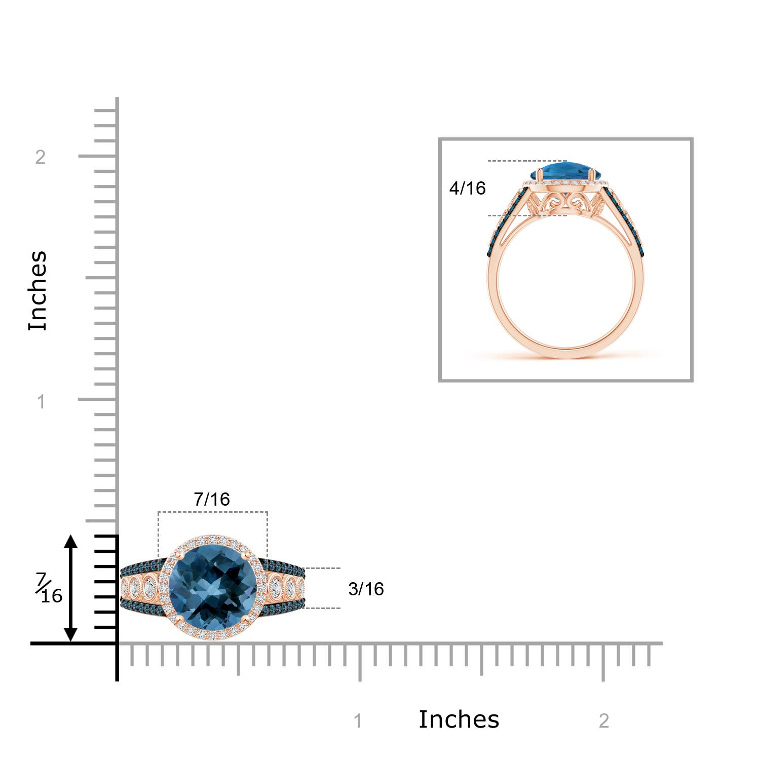 9mm AAA Round London Blue Topaz Halo Regal Ring with Diamond Accents in Rose Gold - ruler