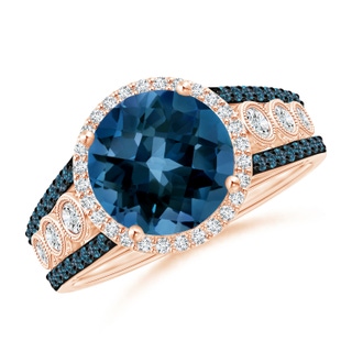 9mm AAAA Round London Blue Topaz Halo Regal Ring with Diamond Accents in Rose Gold