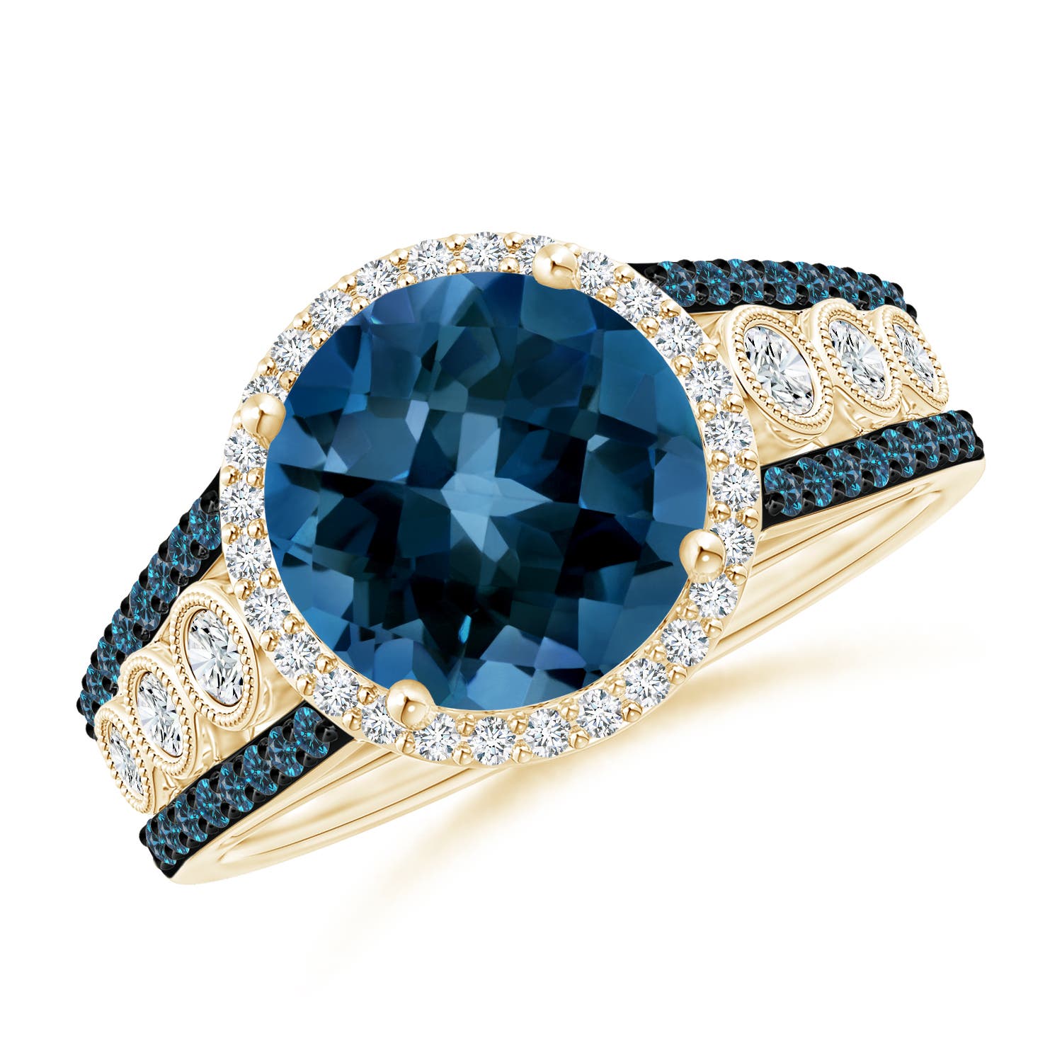 9mm AAAA Round London Blue Topaz Halo Regal Ring with Diamond Accents in Yellow Gold