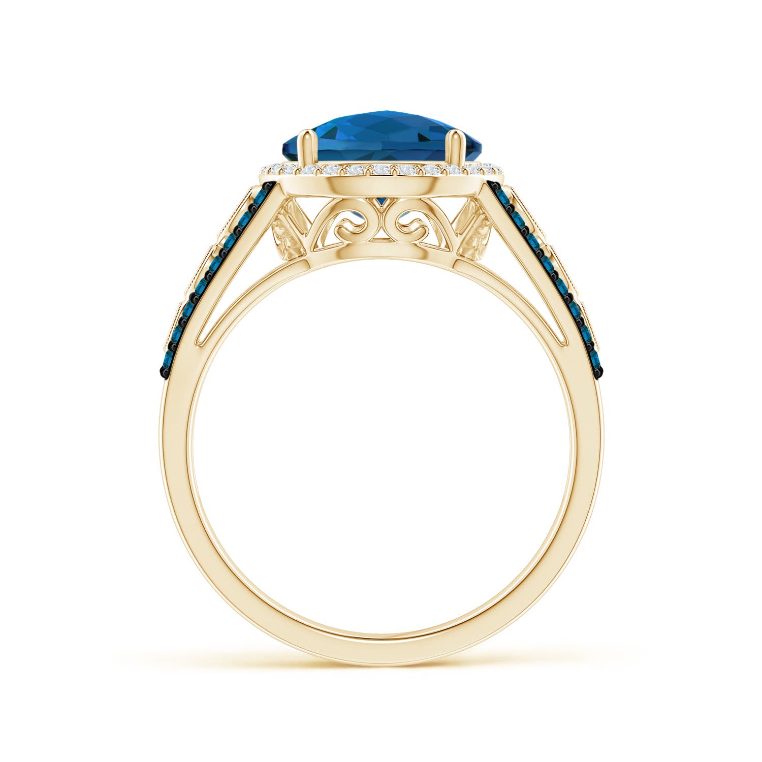 9mm AAAA Round London Blue Topaz Halo Regal Ring with Diamond Accents in Yellow Gold