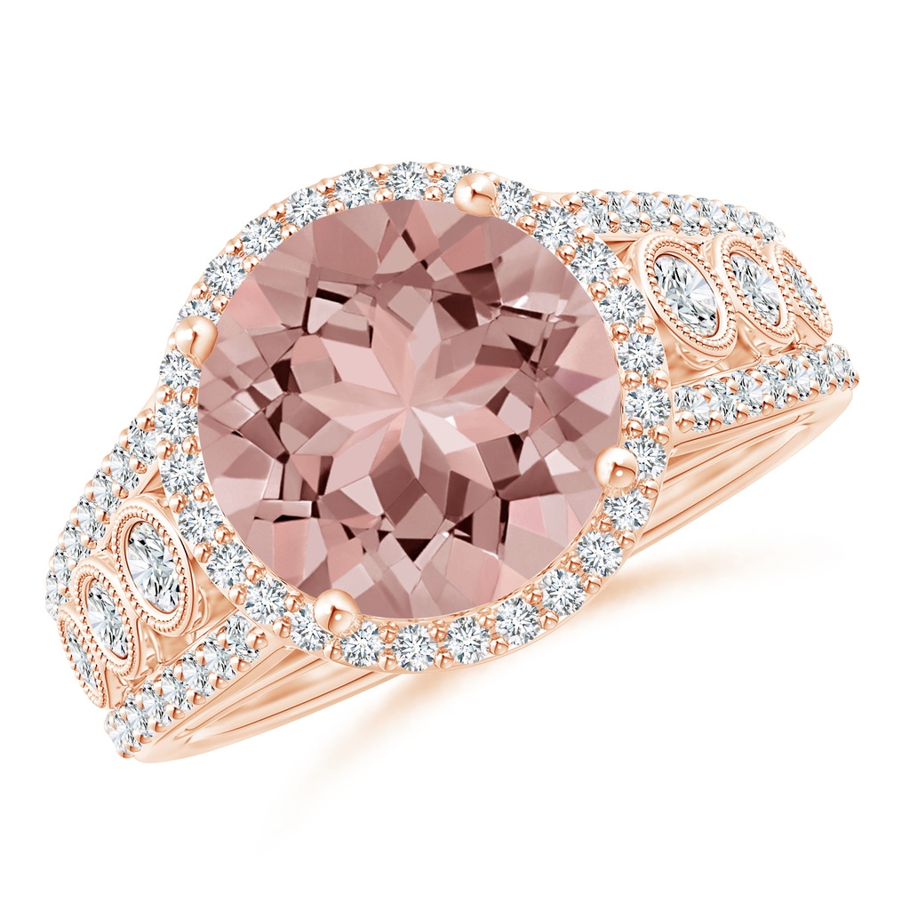 12mm AAAA Round Morganite Halo Regal Ring with Diamond Accents in Rose Gold