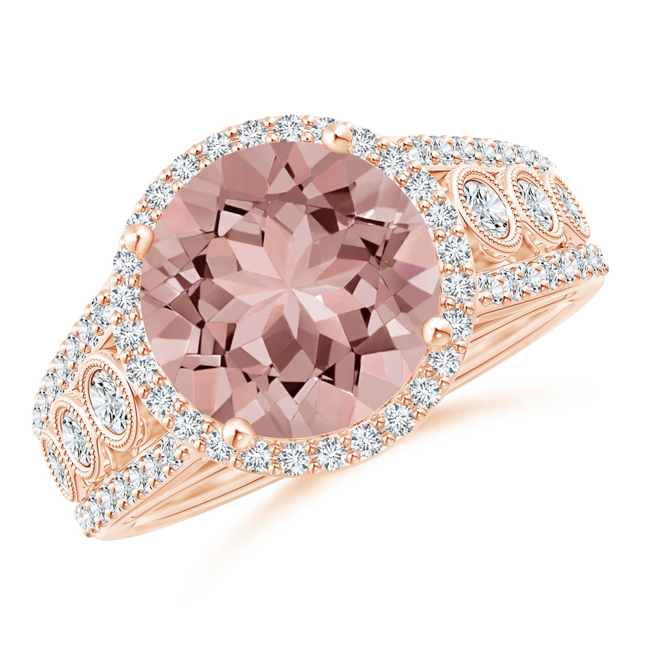 12mm AAAA Round Morganite Halo Regal Ring with Diamond Accents in Rose Gold 