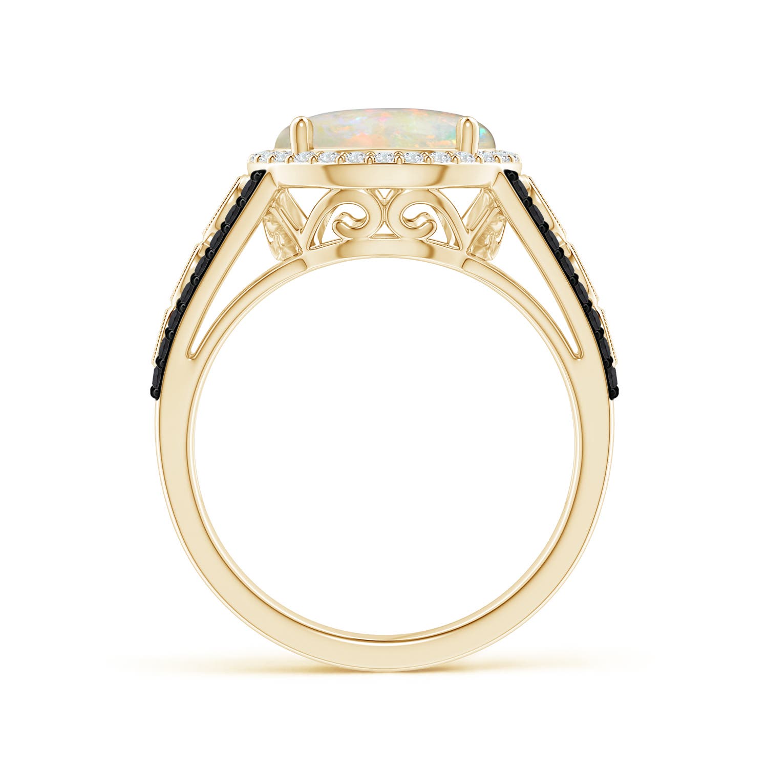 10mm AAAA Round Opal Halo Regal Ring with Diamond Accents in Yellow Gold