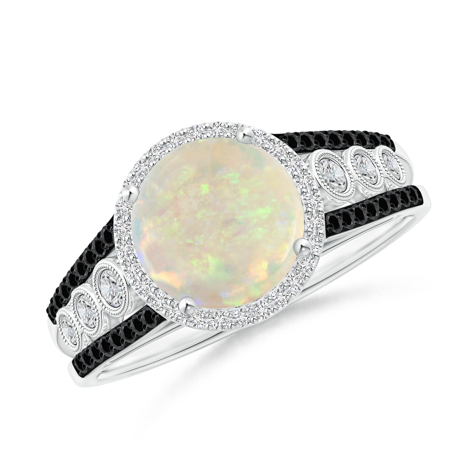8mm AAA Round Opal Halo Regal Ring with Diamond Accents in White Gold