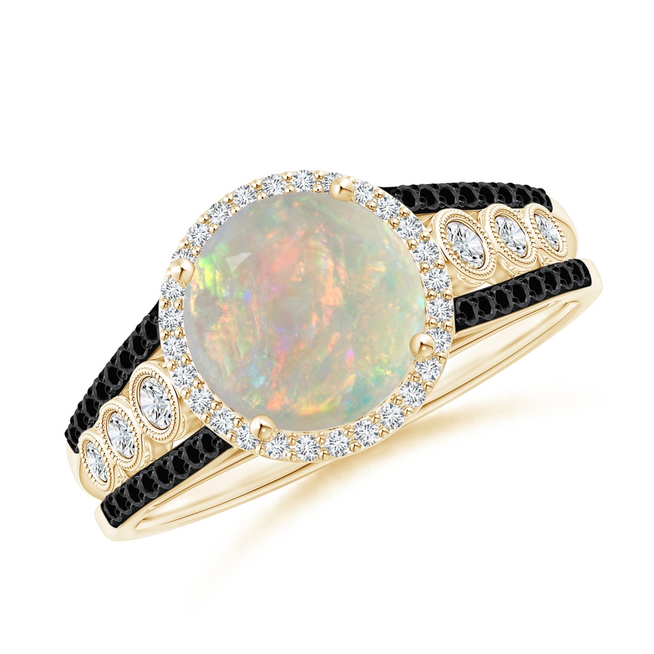 8mm AAAA Round Opal Halo Regal Ring with Diamond Accents in Yellow Gold 