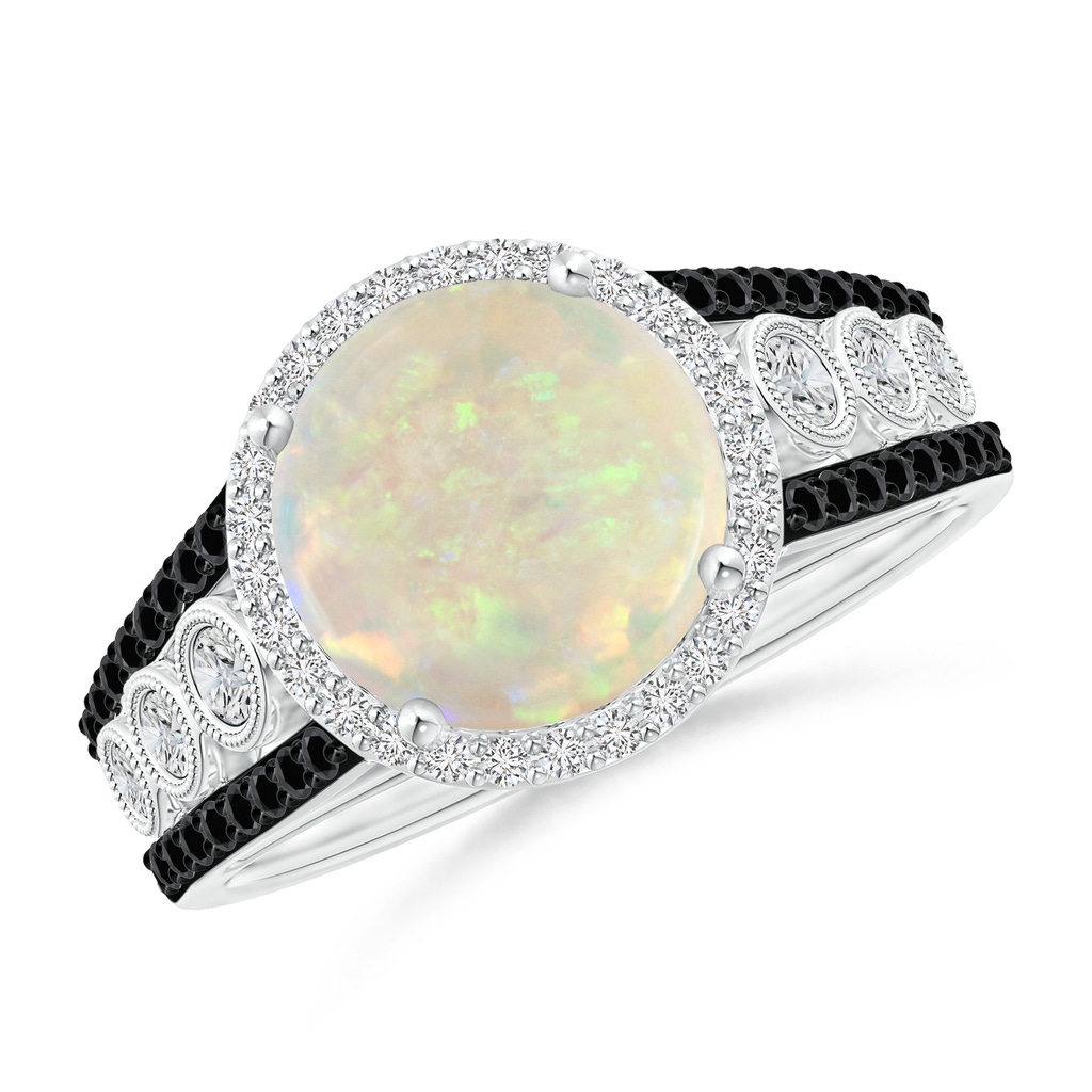 9mm AAA Round Opal Halo Regal Ring with Diamond Accents in White Gold