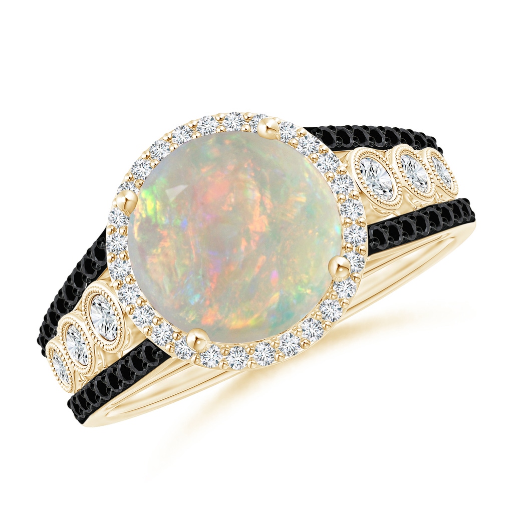 9mm AAAA Round Opal Halo Regal Ring with Diamond Accents in Yellow Gold