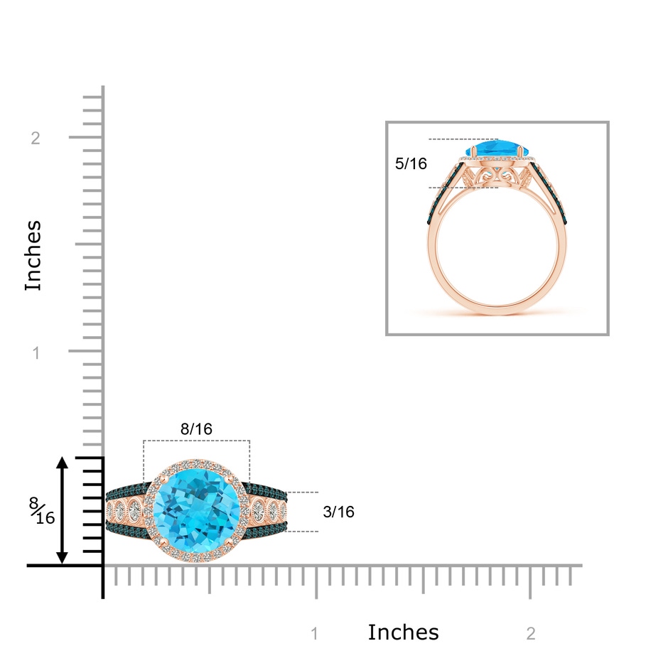10mm A Round Swiss Blue Topaz Halo Regal Ring with Diamond Accents in Rose Gold ruler