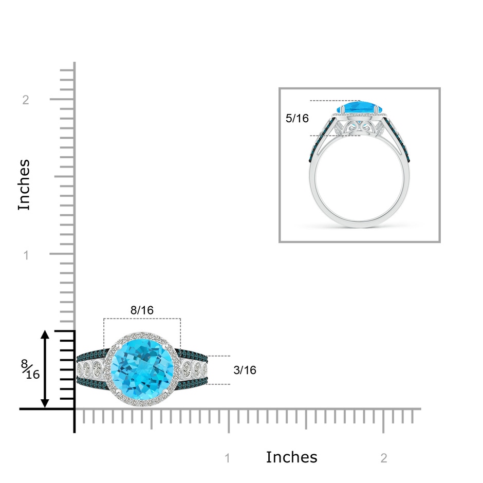 10mm A Round Swiss Blue Topaz Halo Regal Ring with Diamond Accents in White Gold ruler