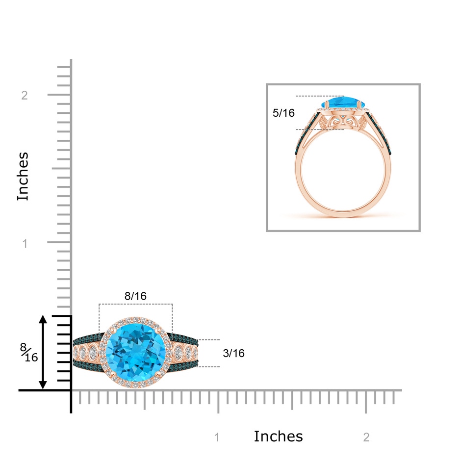 10mm AA Round Swiss Blue Topaz Halo Regal Ring with Diamond Accents in Rose Gold ruler