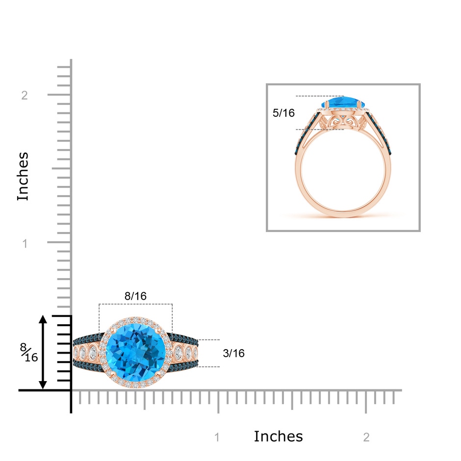 10mm AAA Round Swiss Blue Topaz Halo Regal Ring with Diamond Accents in Rose Gold ruler