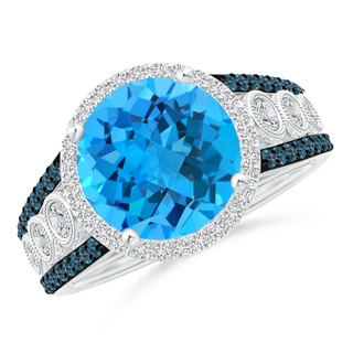 10mm AAA Round Swiss Blue Topaz Halo Regal Ring with Diamond Accents in White Gold