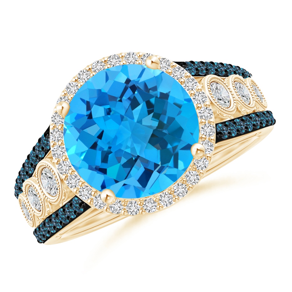 10mm AAA Round Swiss Blue Topaz Halo Regal Ring with Diamond Accents in Yellow Gold 