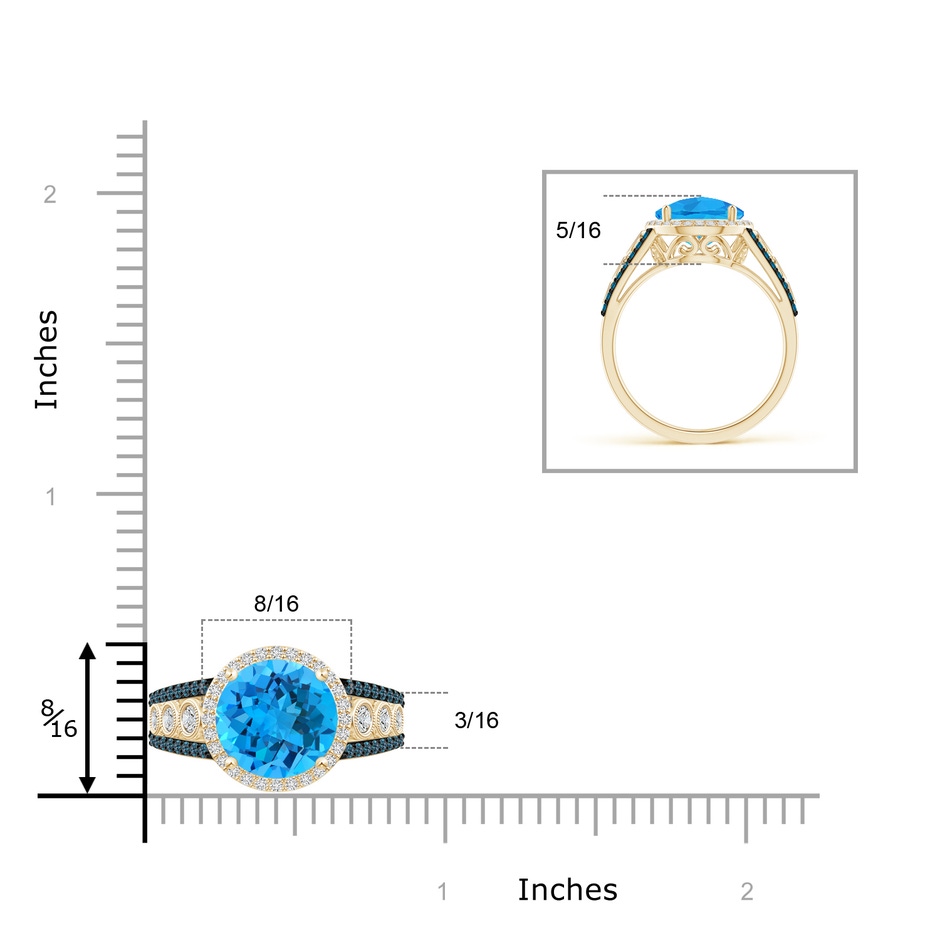 10mm AAA Round Swiss Blue Topaz Halo Regal Ring with Diamond Accents in Yellow Gold ruler
