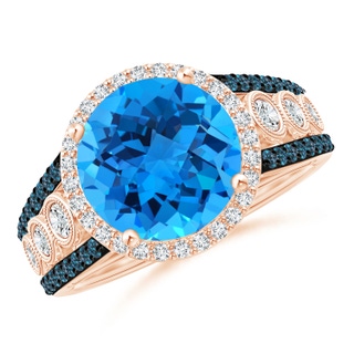 10mm AAAA Round Swiss Blue Topaz Halo Regal Ring with Diamond Accents in Rose Gold