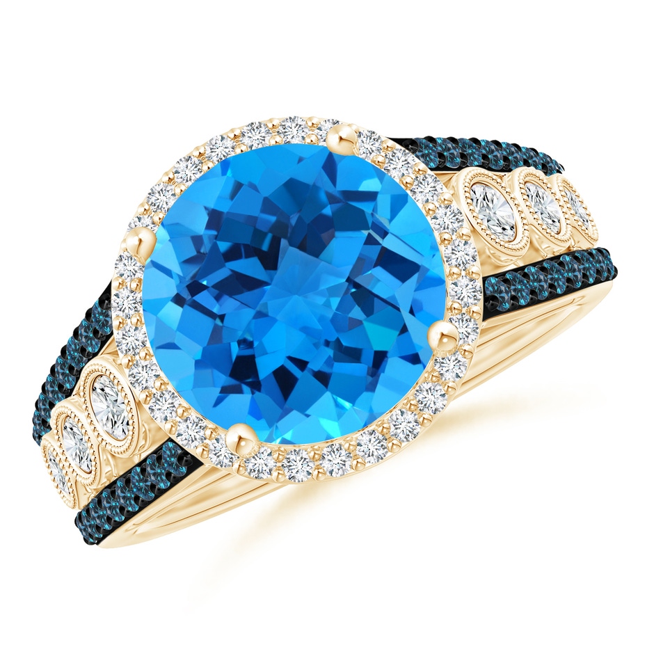 10mm AAAA Round Swiss Blue Topaz Halo Regal Ring with Diamond Accents in Yellow Gold 