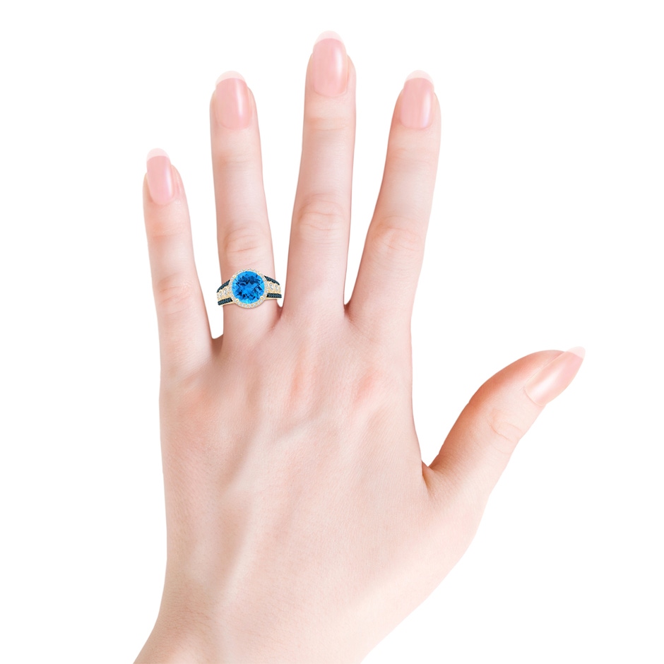 10mm AAAA Round Swiss Blue Topaz Halo Regal Ring with Diamond Accents in Yellow Gold body-hand