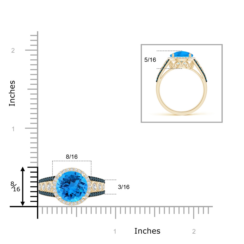 10mm AAAA Round Swiss Blue Topaz Halo Regal Ring with Diamond Accents in Yellow Gold ruler