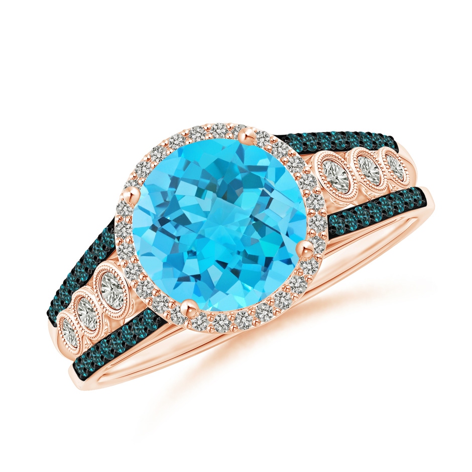 8mm A Round Swiss Blue Topaz Halo Regal Ring with Diamond Accents in Rose Gold 