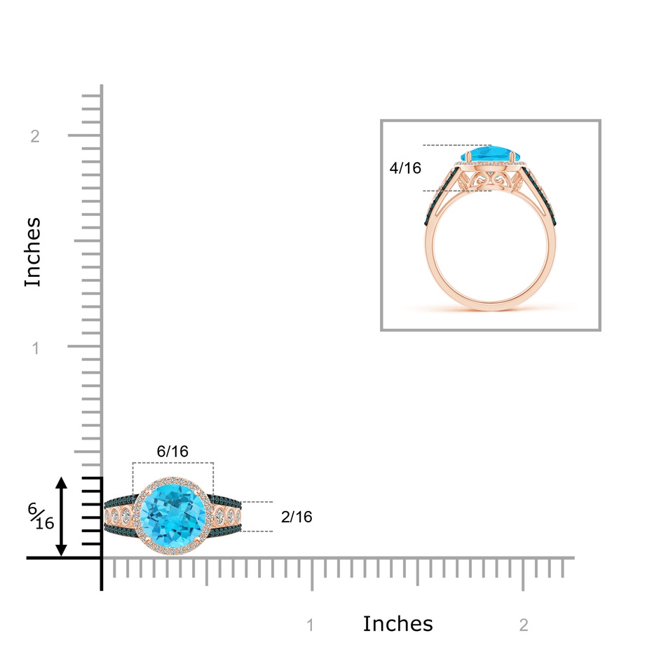 8mm A Round Swiss Blue Topaz Halo Regal Ring with Diamond Accents in Rose Gold ruler