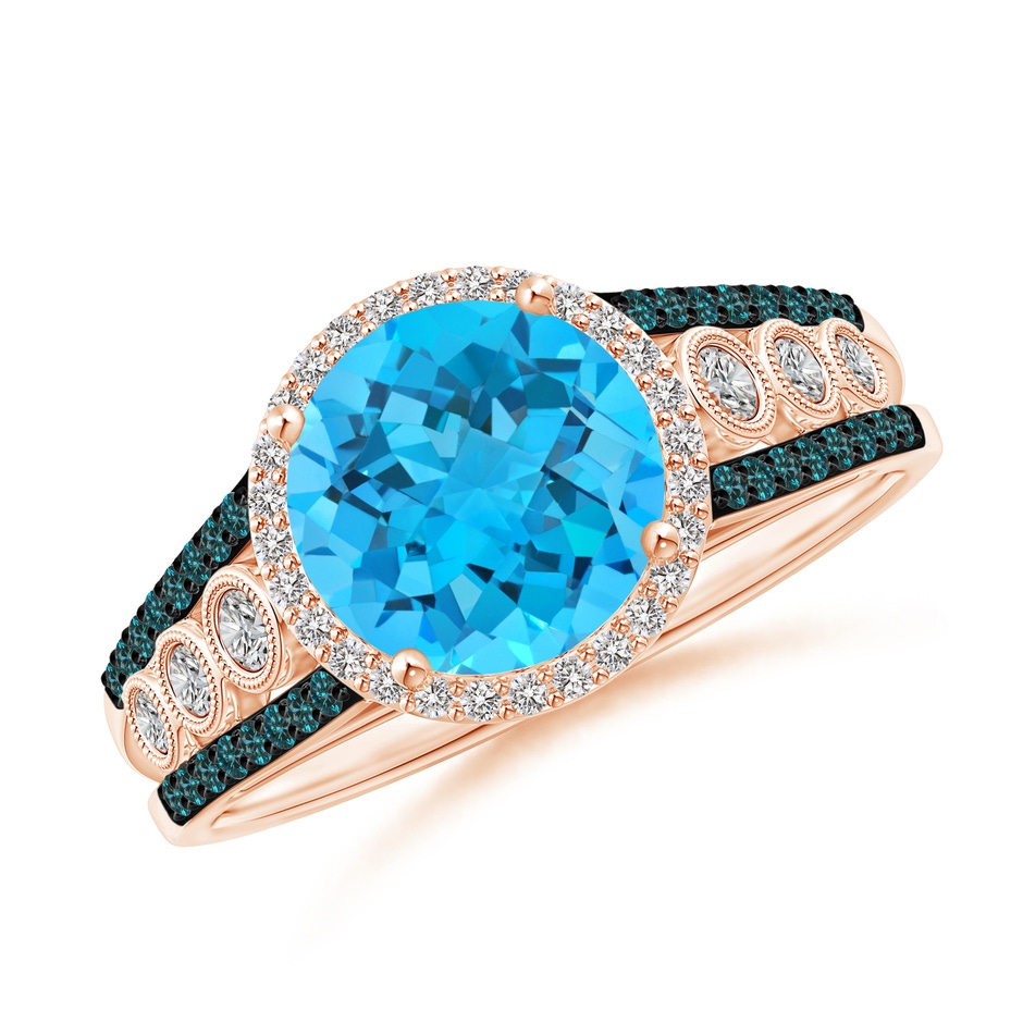 8mm AA Round Swiss Blue Topaz Halo Regal Ring with Diamond Accents in Rose Gold 