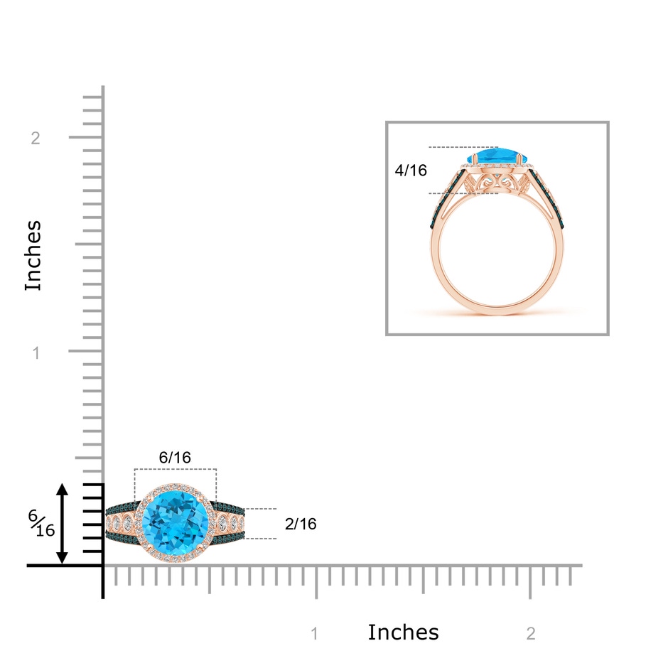 8mm AA Round Swiss Blue Topaz Halo Regal Ring with Diamond Accents in Rose Gold ruler