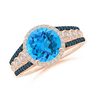 8mm AAA Round Swiss Blue Topaz Halo Regal Ring with Diamond Accents in Rose Gold