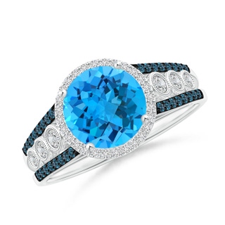 8mm AAA Round Swiss Blue Topaz Halo Regal Ring with Diamond Accents in White Gold