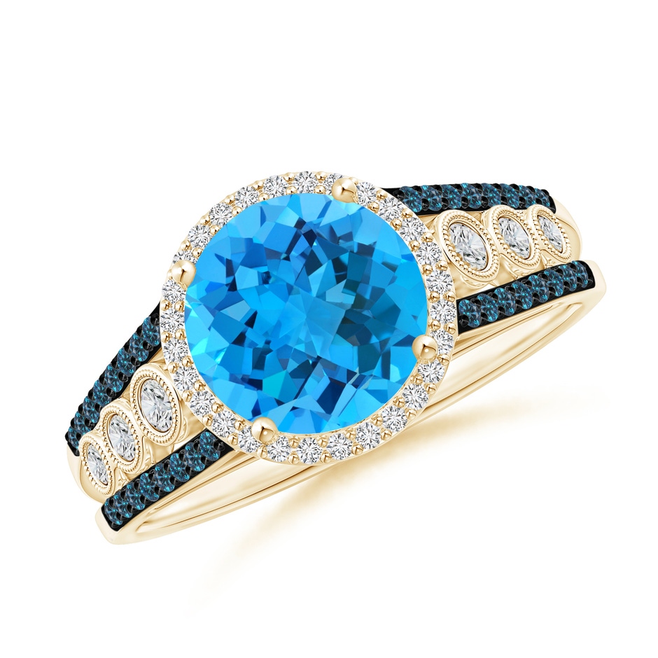 8mm AAA Round Swiss Blue Topaz Halo Regal Ring with Diamond Accents in Yellow Gold 