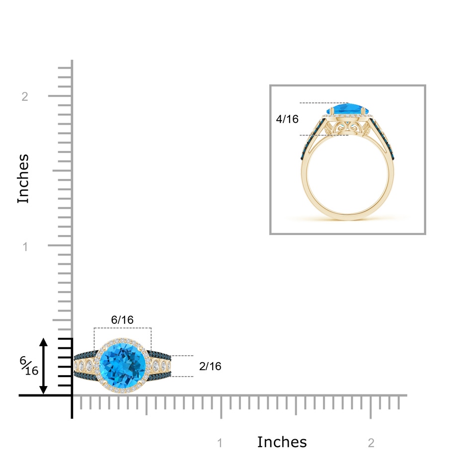 8mm AAA Round Swiss Blue Topaz Halo Regal Ring with Diamond Accents in Yellow Gold ruler