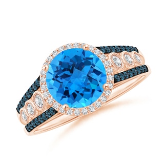 8mm AAAA Round Swiss Blue Topaz Halo Regal Ring with Diamond Accents in Rose Gold