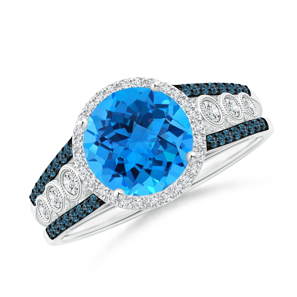 8mm AAAA Round Swiss Blue Topaz Halo Regal Ring with Diamond Accents in White Gold