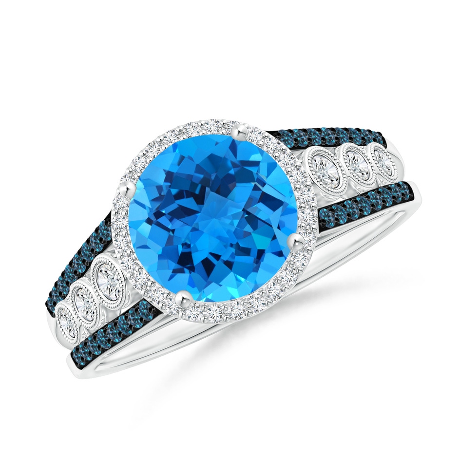 8mm AAAA Round Swiss Blue Topaz Halo Regal Ring with Diamond Accents in White Gold 