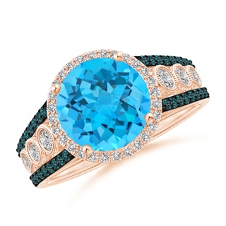 9mm AA Round Swiss Blue Topaz Halo Regal Ring with Diamond Accents in Rose Gold