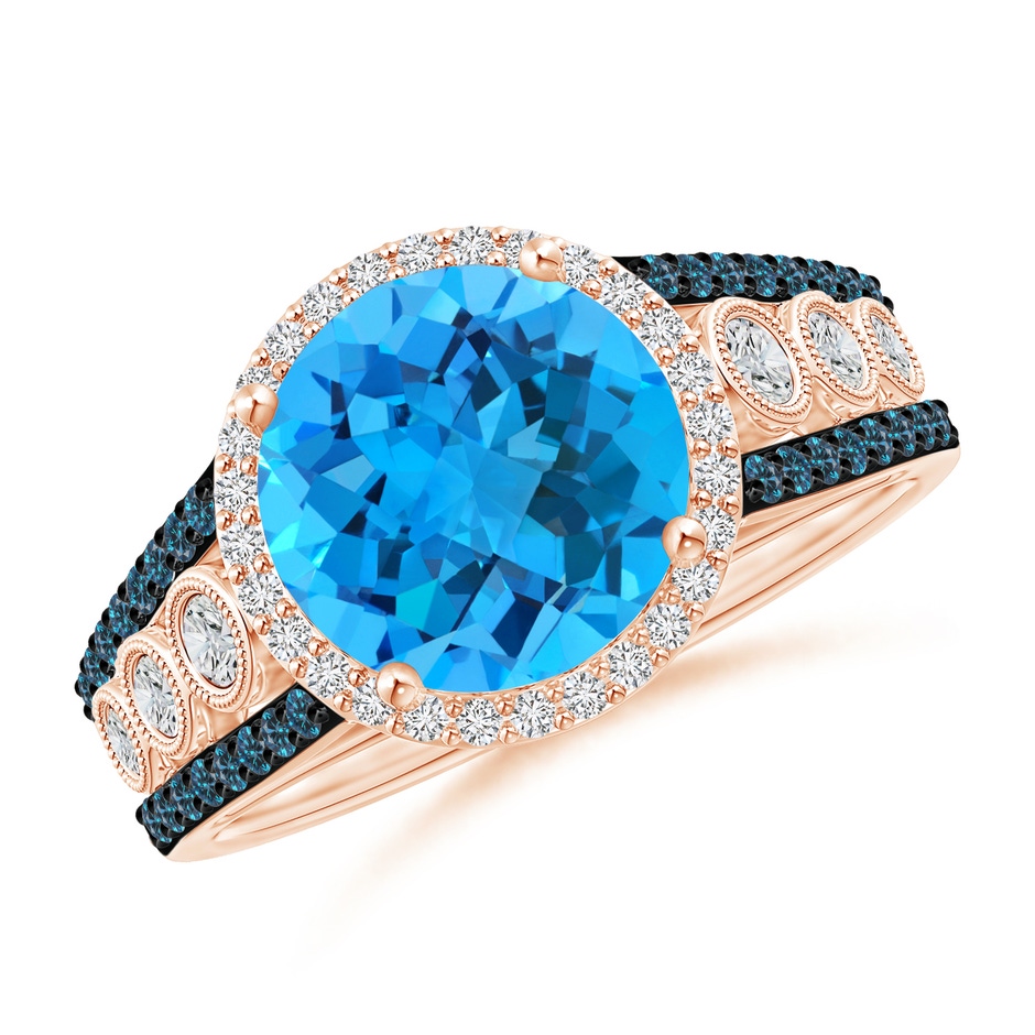 9mm AAA Round Swiss Blue Topaz Halo Regal Ring with Diamond Accents in Rose Gold 