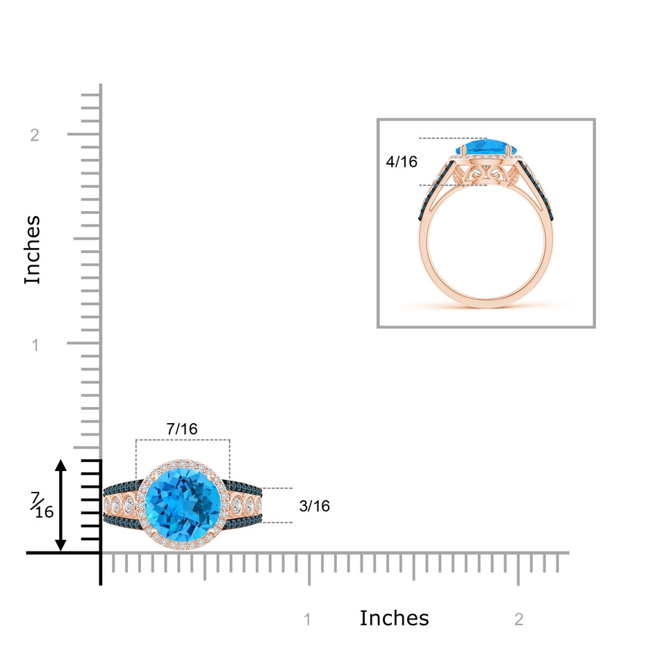 9mm AAA Round Swiss Blue Topaz Halo Regal Ring with Diamond Accents in Rose Gold ruler