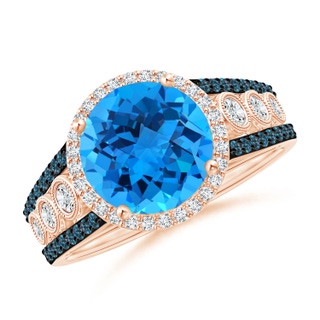 9mm AAAA Round Swiss Blue Topaz Halo Regal Ring with Diamond Accents in Rose Gold