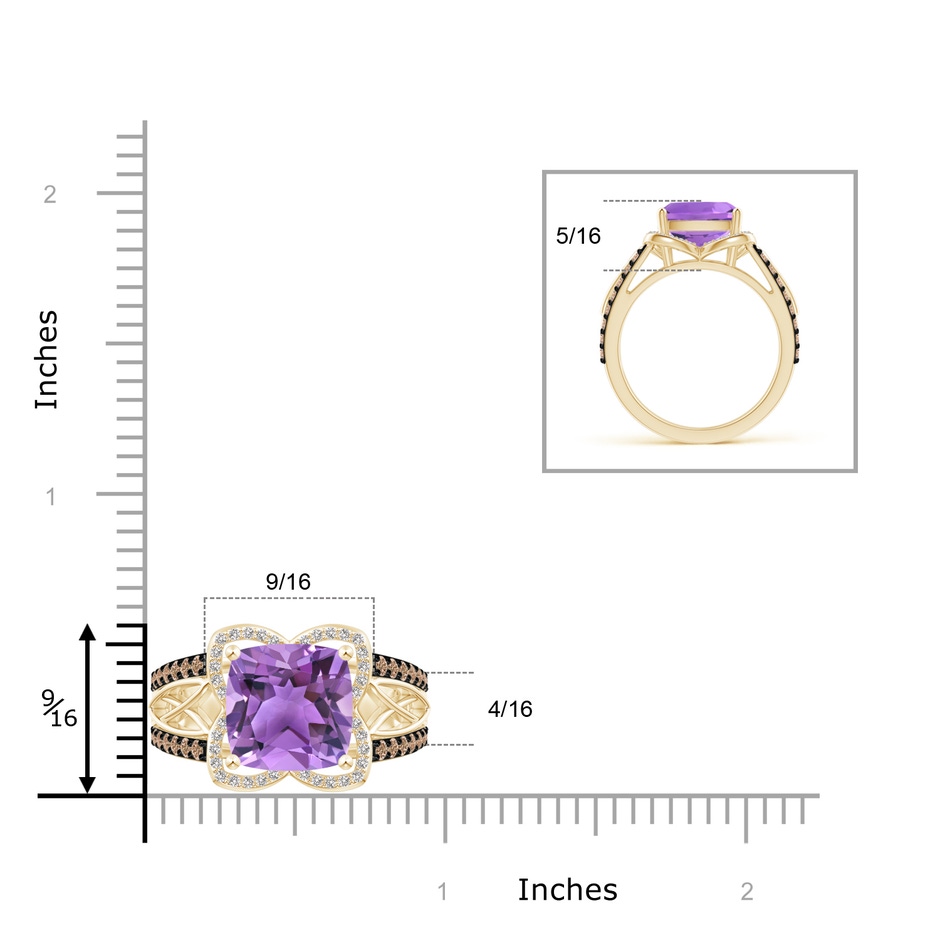 10mm AA Cushion Amethyst Celtic Knot Cocktail Ring in Yellow Gold ruler