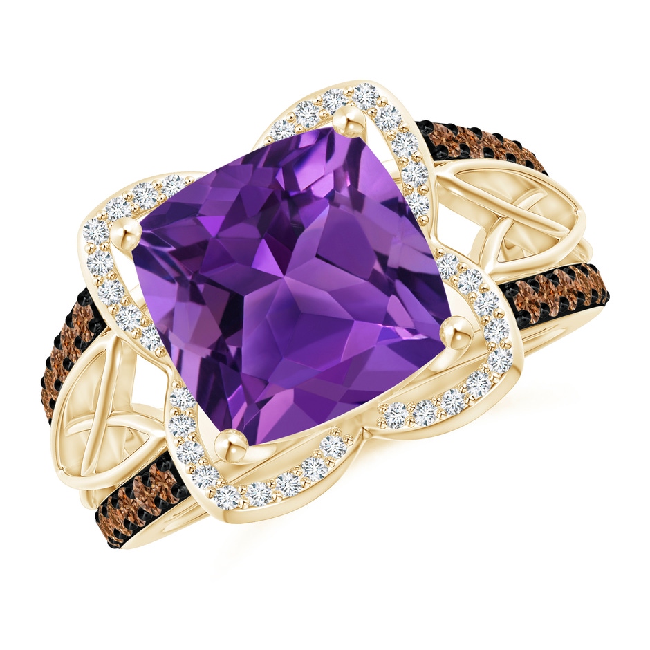 10mm AAAA Cushion Amethyst Celtic Knot Cocktail Ring in Yellow Gold 