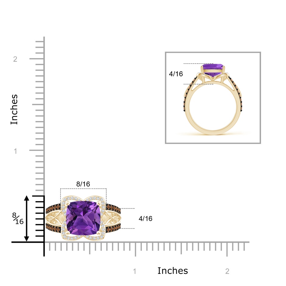 9mm AAAA Cushion Amethyst Celtic Knot Cocktail Ring in Yellow Gold ruler