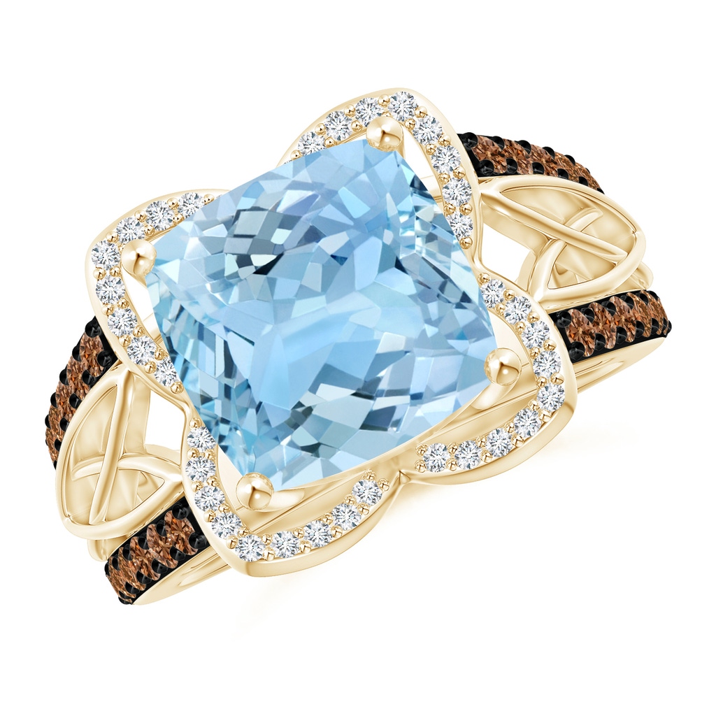 10mm AAAA Cushion Aquamarine Celtic Knot Cocktail Ring in Yellow Gold