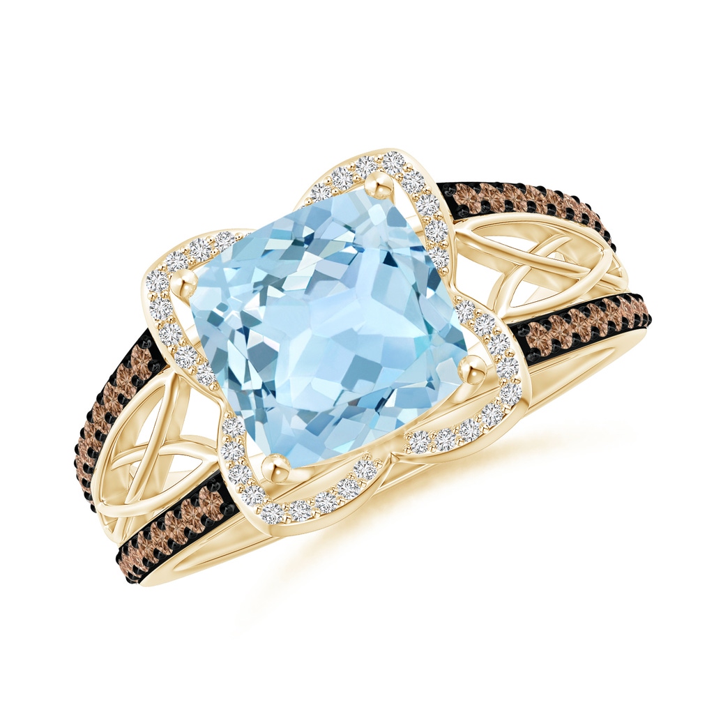 8mm AAA Cushion Aquamarine Celtic Knot Cocktail Ring in Yellow Gold