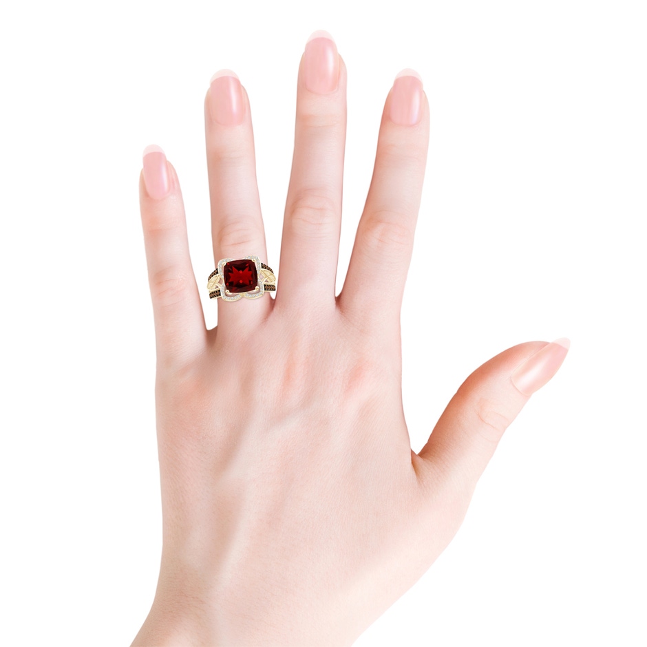 10mm AAAA Cushion Garnet Celtic Knot Cocktail Ring in Yellow Gold body-hand