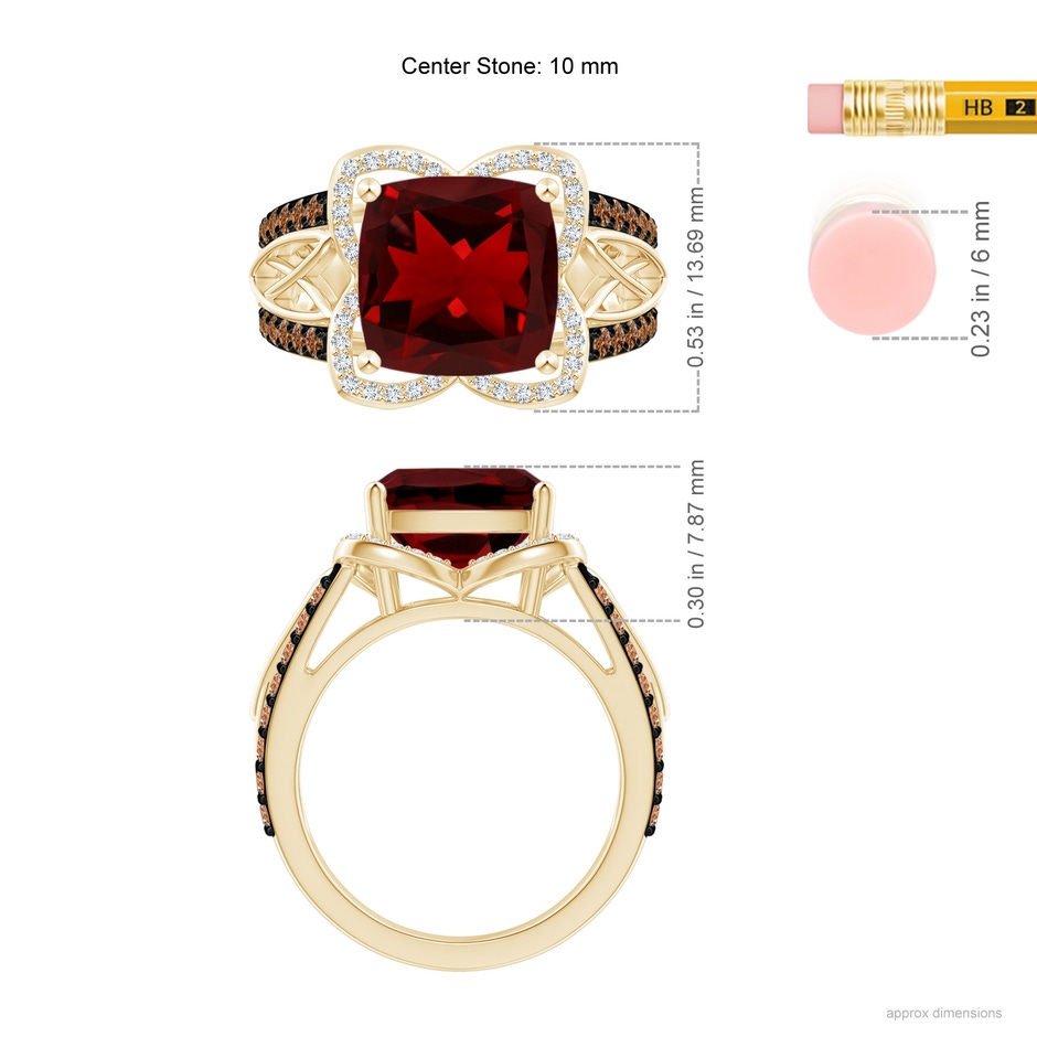 10mm AAAA Cushion Garnet Celtic Knot Cocktail Ring in Yellow Gold ruler