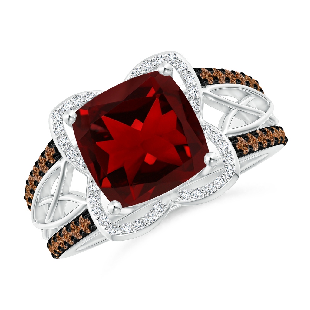 9mm AAAA Cushion Garnet Celtic Knot Cocktail Ring in White Gold