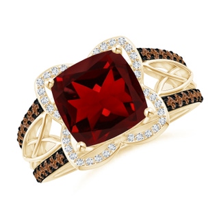 9mm AAAA Cushion Garnet Celtic Knot Cocktail Ring in Yellow Gold