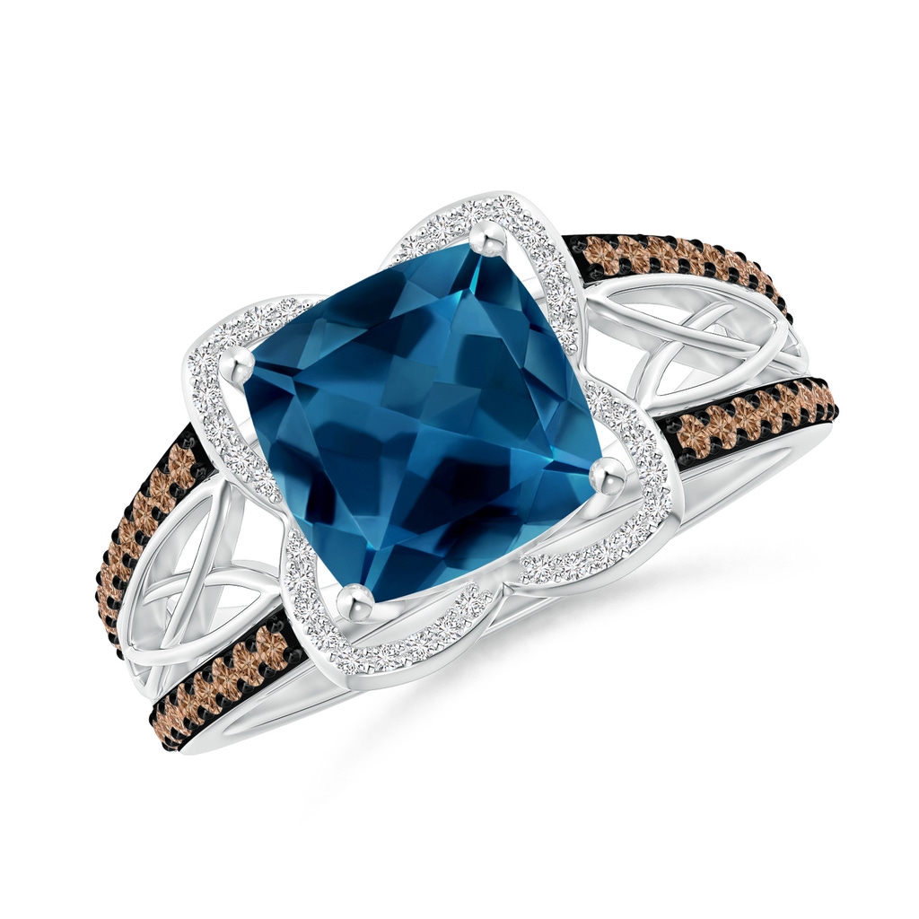 8mm AAA Cushion London Blue Topaz Celtic Knot Cocktail Ring in White Gold