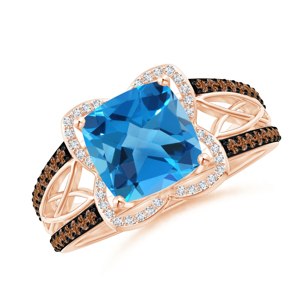 8mm AAAA Cushion Swiss Blue Topaz Celtic Knot Cocktail Ring in Rose Gold